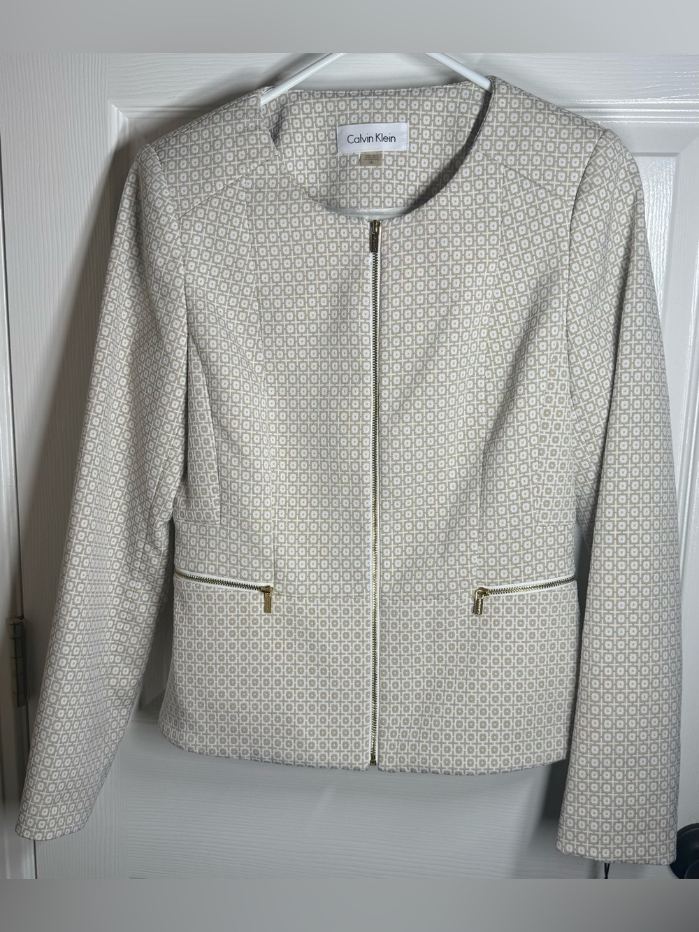 Calvin Klein Cream Geometric Zip-Front Blazer